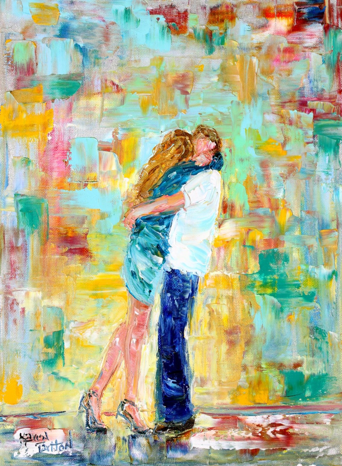 Original oil painting The Kiss couple in Love abstract palette