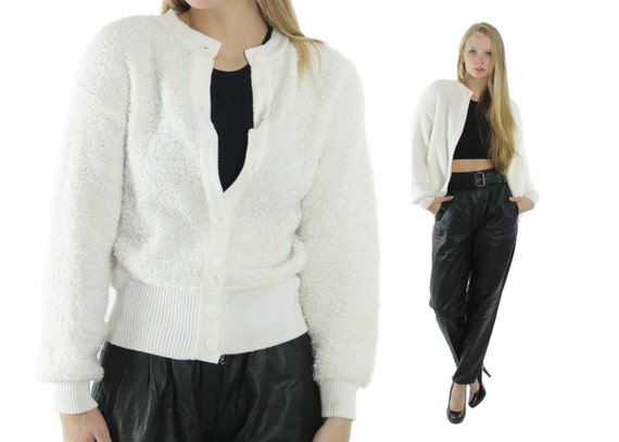 Vintage 80s Cardigan Sweater White Button Up Sweater 1980s