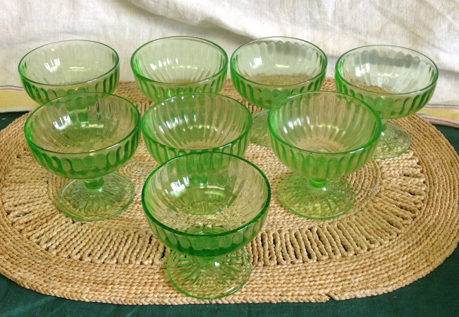 Vintage Green Depression Glass Ribbon Footed Sherbet Set of 8 – Haute Juice