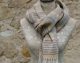 Handwoven Linen Flax Green, Yellow and White Striped Scarf (Shawl)- Pure Linen