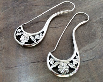 Sterling Silver Hoop Earrings,.925 Silver earrings,Tribal jewelry,Ethnic jewelry, Long Hoops,Tribal hoop earrings by Taneesi