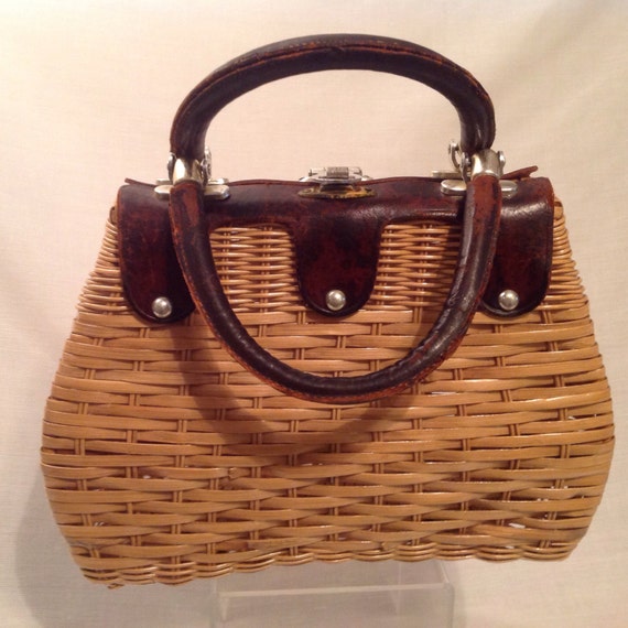 Vintage 60's Hand Bag Woven Straw Purse with Brown Leather