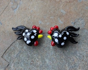 Spotted large rooster beads - 2 black and white chickens - lampwork glass - loose beads for jewelry and crafts DIY