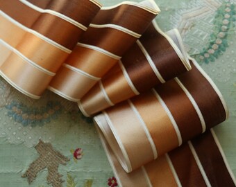 Antique silk corded satin ribbon trim stripe brown 33x3 5/8" wide hat ribbonwork flapper cloche millinery hat trim edwardian flapper