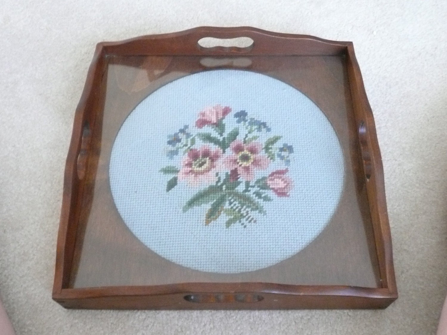 Dark Wood Serving Tray with Glass Protected Floral Needlepoint