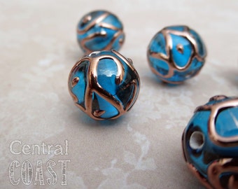Czech Round Lampwork Bead - 12mm - Venetian Wedding Cake Style (1) Capri Aqua Blue Copper Accents - Bohemian Glass - Central Coast Charms