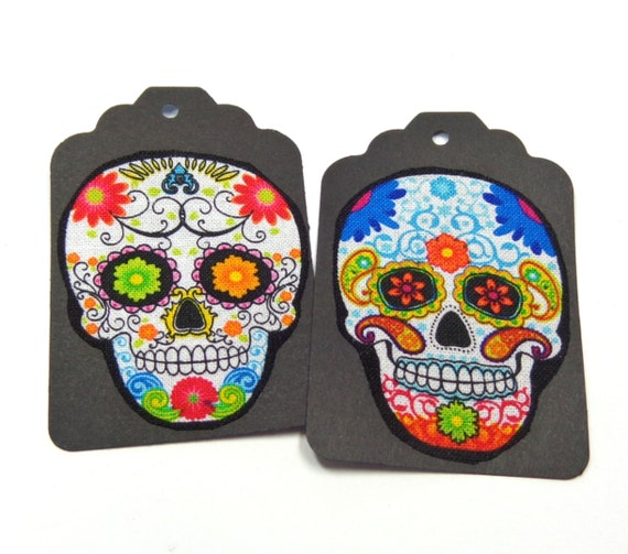 10 Sugar Skull Gift Tags in Bright Colors on Black Card Stock