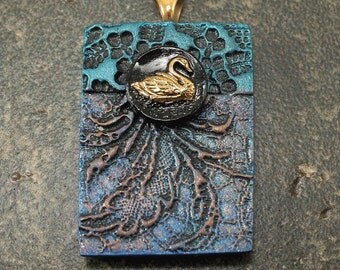 Swan Pendant Lace Texture Black Bronze Turquoise Cobalt Blue Mixed Media Pendant One of a Kind Swan Art Bead