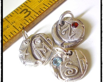 Petite Silver Wax Seal Initial Pendant Birthstone Gift