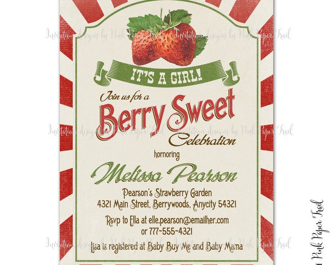 Berry Sweet Vintage Strawberry Invitation, Farm Fresh Strawberry Themed Party Printable Invitation, Berry Sweet Celebration Invitation