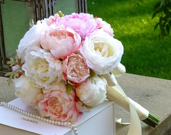 Blush Pink Peony Wedding Bouquet - PINK PERFECTION, Wedding Bouquet, Silk Peony Wedding Bouquet, Peony and Garden Roses Bridal Bouquet.