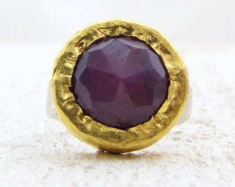 Gold Ruby Ring - 24k Gold & Silver Ring - Round Ruby Ring - Gemstone Ring - Coctail Gold Ring - Solid Gold Ring