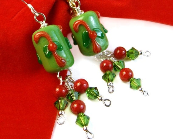 Candy Cane Christmas Earrings with Green Crystal, Red Coral Cluster, Sterling, Handmade