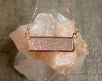 Rose Gold Druzy Necklace, Natural White AB Druzy Necklace, Gemstone Bar Necklace, Drusy Necklace, Druzy Quartz Jewelry