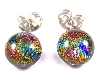 Tiny Dichroic Post Earrings - 1/4" 8mm - Fused Glass Copper Orange Golden Yellow with Cobalt Blue Rainbow Highlights Studs Dots