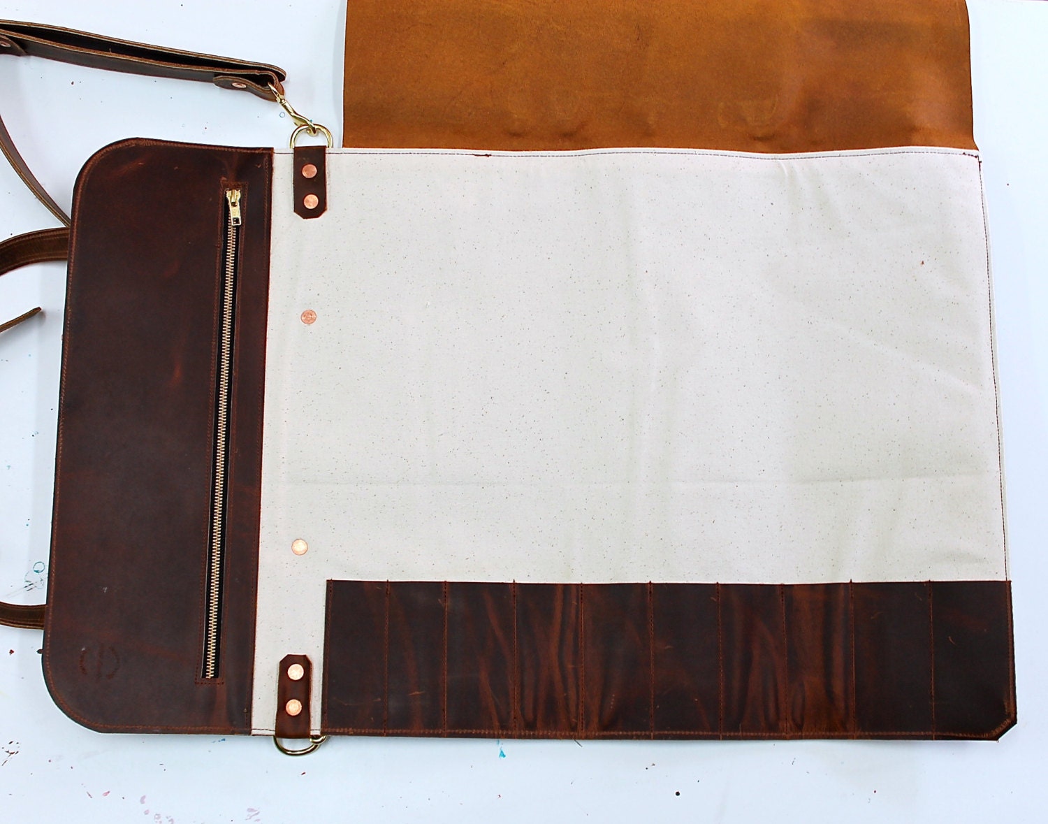 Leather knife roll Large Vintage brown handmade leather