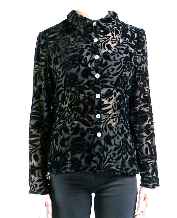 burnout blouse 90s vintage black floral velvet by youngandukraine