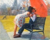 Original oil painting, A Kiss in Late Autumn, impressionist love romantic couple painting with red umbrella Original oil painting, A Kiss in Late Autumn, impressionist love romantic couple painting with red umbrella