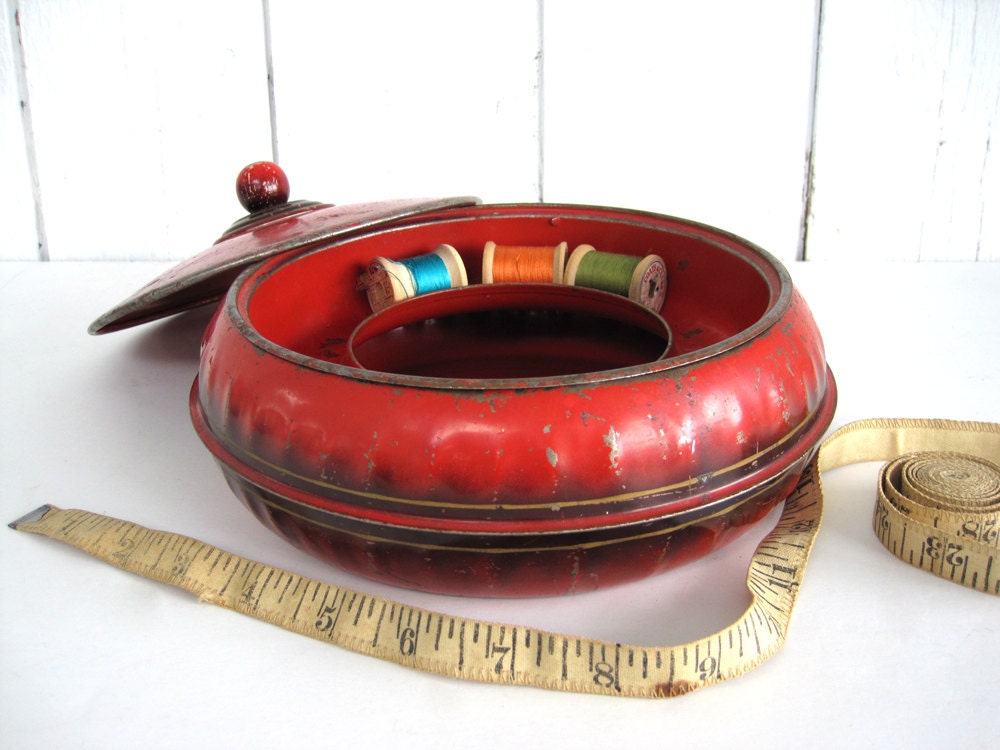 Vintage Round Metal Sewing Box Caddy Tin 3 Piece Antique Craft Notion