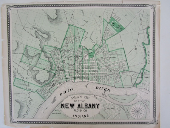 1876 NEW ALBANY IN Original Baskin Forster Atlas Plan Map Art
