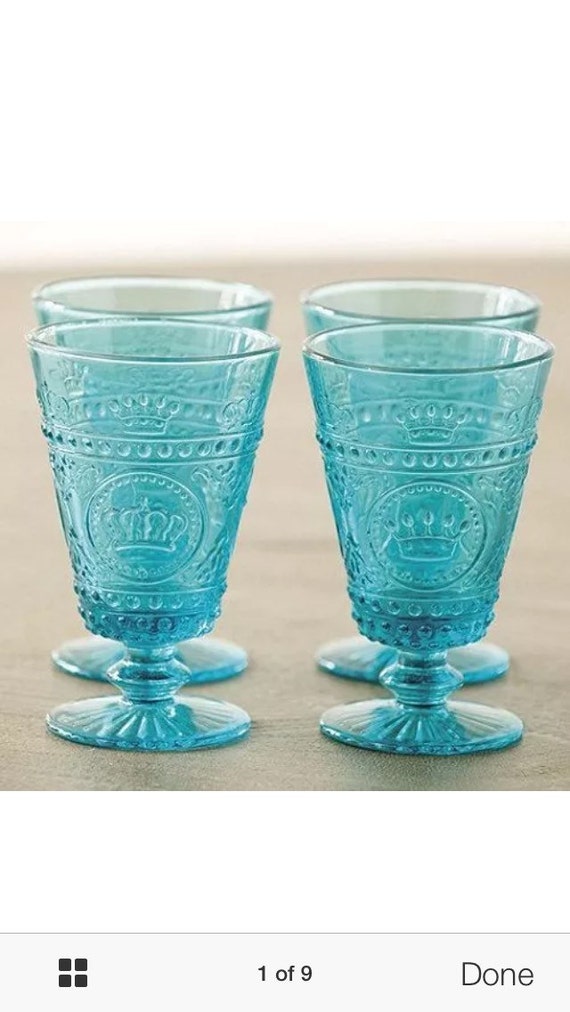 10oz Footed Drinking Glass Turquoise Blue Aqua Antique French