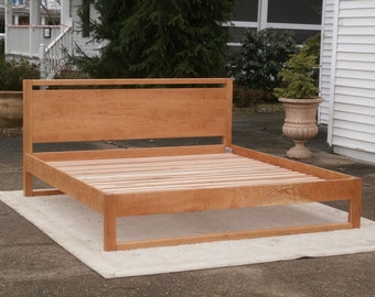 NbRnV04 Solid Hardwood Platform Bed with Head Board and Beam above Head Board and at head and foot bottoms, natural color