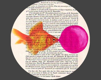 Goldfish with bubblegum- ORIGINAL ARTWORK Hand Painted Mixed Media on 1920 famous Parisien Magazine 'La Petit Illustration'