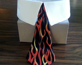 Black Dog Tie or Dog Bow Tie with Orange Flames Design and Shirt Collar