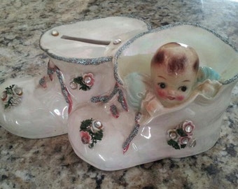 Vintage double Baby Shoes w/ Baby Bank ceramic keepsake collectible