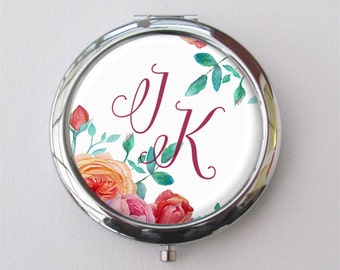 Personalized Compact Mirror, Bridesmaid Gift, Floral Compact