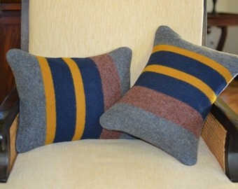 Pair of LAKE Yakima Camp Blanket Wool Pillow Covers 12 x 16 handmade of pendleton blanket weight wool - heather blue and stripes