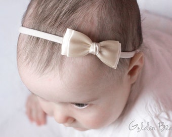 Ivory Olivia Baby Bow Headband - Flower Girl Headband - Girls Headband - Ivory Olivia Satin Bow Handmade Headband - Baby to Adult Headband