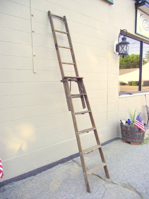 Antique Folding Wood Step Ladder & Extension ALL in ONE