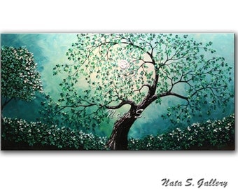 Turquoise Painting Landscape Original Old Tree Art Abstract Teal Tree Artwork on Canvas Palette Knife Large Artwork Wall Art Hanging Nata S
