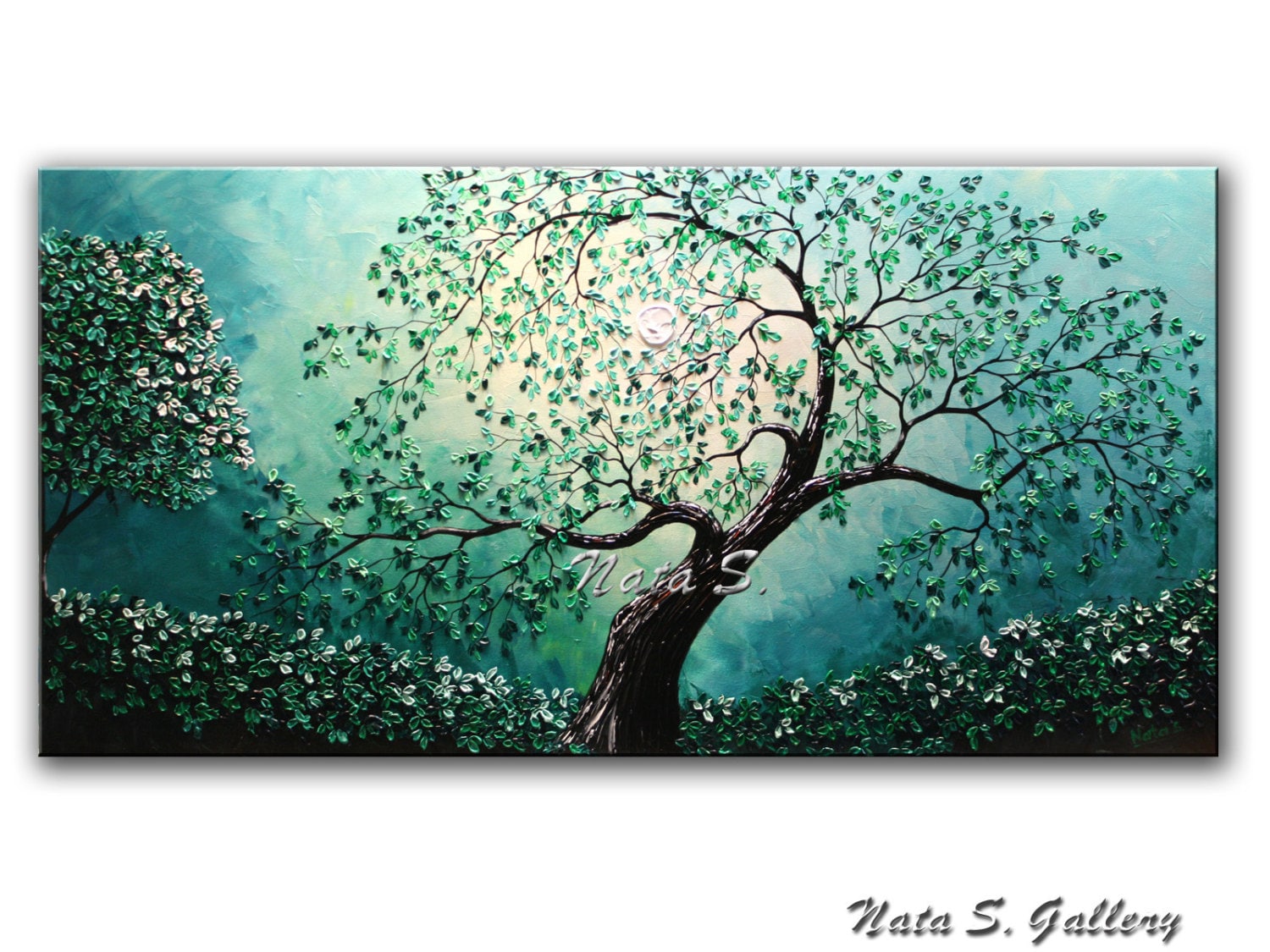 Turquoise Painting Landscape Original Old Tree Art Abstract