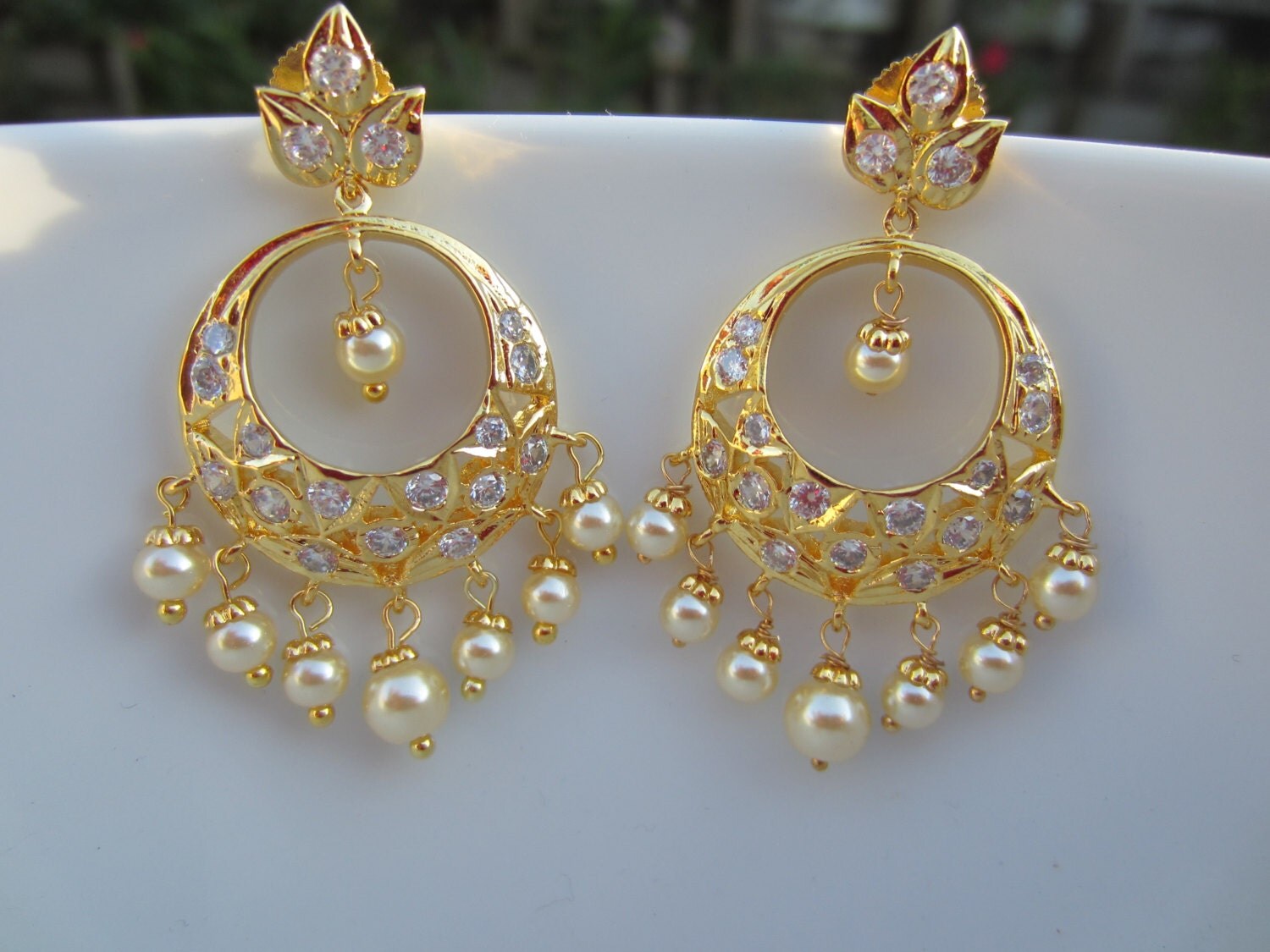 On Sale Uncut CZ Chandbalis with Pearls Indian Jewelry
