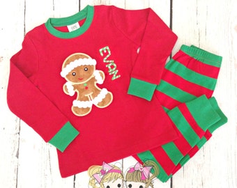 Kids Christmas Pajamas - Gingerbread Pajamas - PRE- ORDER - Holiday Pajamas - Custom Embroidered PJ's - Red and green striped pajamas