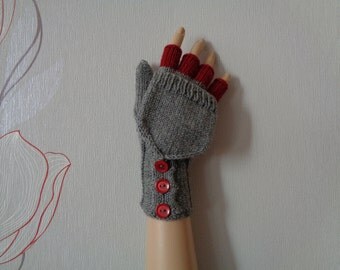 Hand-knitted grey color women convertible fingerless gloves/wrist warmers/flip mittens, handmade grey mittens,gift mittens