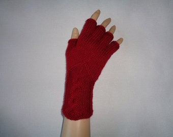 Hand-knitted dark red color women fingerless gloves/wrist warmers