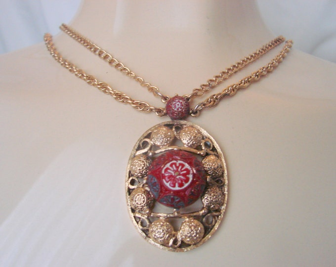 CELEBRITY N.Y Festoon Boho Cranberry Red Necklace / Swag / Designer Signed / Vintage Jewelry / Jewellery