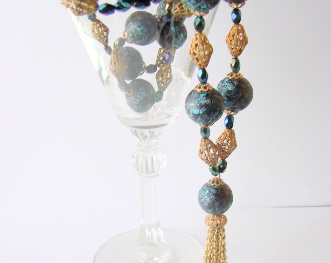 Boho Tassel Variegated Blue Bead Necklace / Filigree Beads / Aurora Borealis Glass Beads / Vintage Jewelry / Jewellery