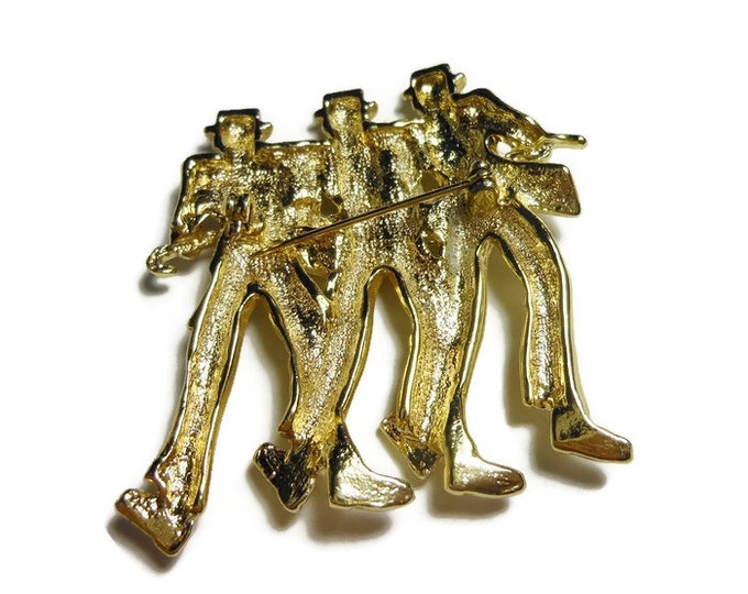 Dancing Men Brooch, skimmer hats and top coats or tails, vaudeville dancers in matte gold finish with glossy highlights, including canes