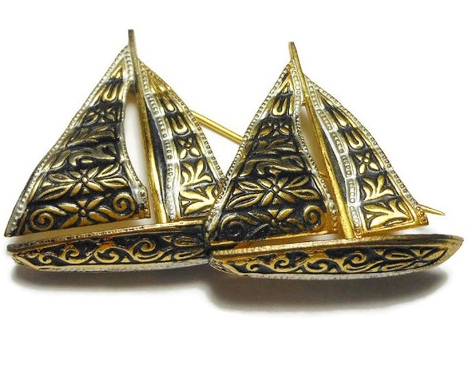 FREE SHIPPING Damascene ship brooch, Toledo ware sail boats, two sailing ships, made in Spain, mid century, nautical boat pin