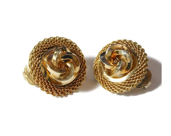 Sarah Coventry earrings 1960s gold tone 'love knot' earrings, surrounded by a frame of mesh, clip earrings