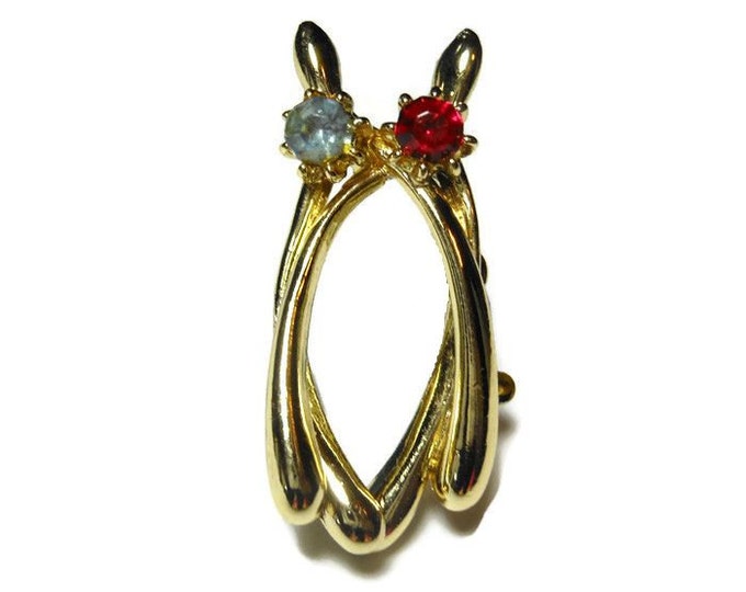 FREE SHIPPING Wishbones brooch, gold tone lucky double wishbones pin with a red rhinestone and a blue rhinestone, looks like a stylized cat