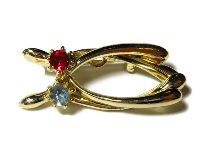 FREE SHIPPING Wishbones brooch, gold tone lucky double wishbones pin with a red rhinestone and a blue rhinestone, looks like a stylized cat