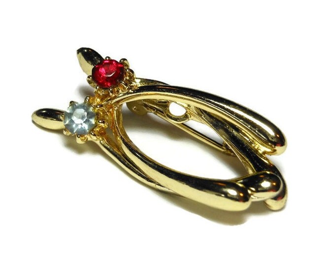 FREE SHIPPING Wishbones brooch, gold tone lucky double wishbones pin with a red rhinestone and a blue rhinestone, looks like a stylized cat