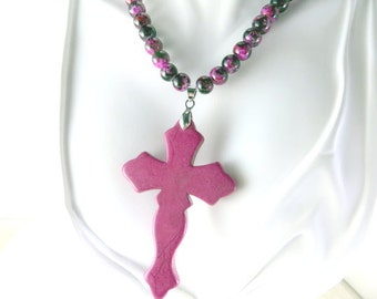 Fushsia cross beaded necklace