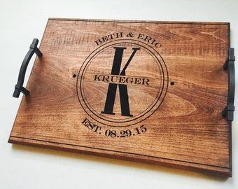 Wood Engraved Serving Tray, Custom Wedding Gift, Personalized Shower Gift, Breakfast in Bed Tray, Anniversary Tray, Family Name Engraved