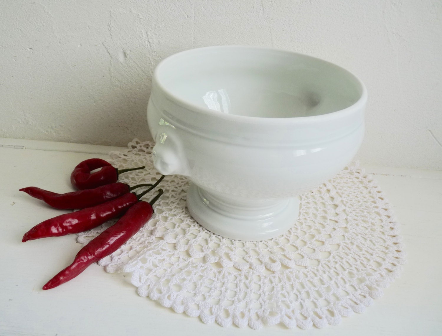 Vintage French LION HEAD Tureen, White Porcelain Serving Dish, Footed Ceramic Soup Bowl, Stamped